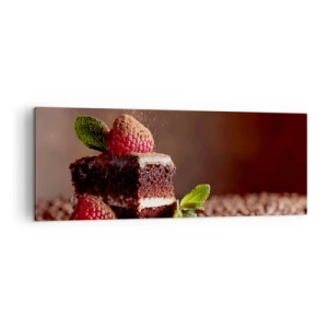 Impression sur toile - Image sur toile - Gâteau au chocolat aux framboises et à la menthe sur fond de fèves de cacao - 140x50cm - La vie est douce - Décoration murale moderne pour le salon et la chambre ARTTOR