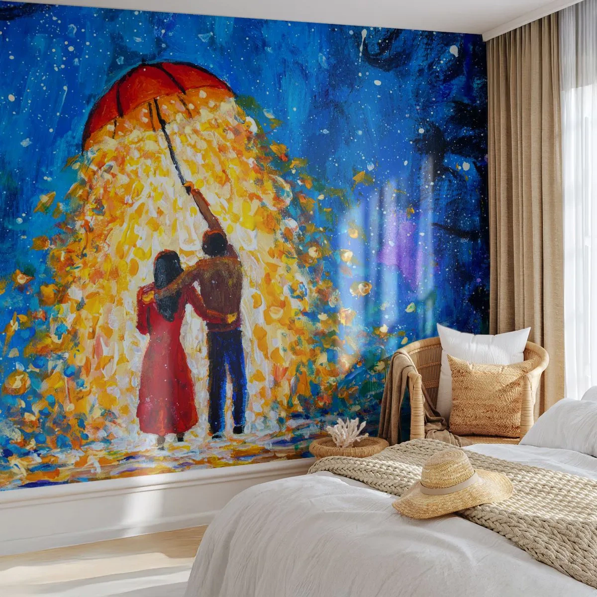 Papier Peint Photo Premium Canvas - Un couple sous un parapluie rouge sous la pluie lumineuse - 100x70cm - La magie d'une soirée pluvieuse ? - Décoration murale moderne pour le salon et la chambre ARTTOR