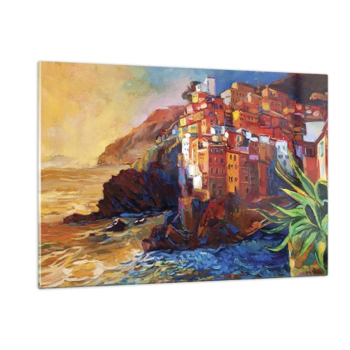 Impression sur verre - Image sur verre - Une ville colorée sur une falaise surplombant la mer - 120x80cm - Climats italien - Décoration murale moderne pour le salon et la chambre ARTTOR