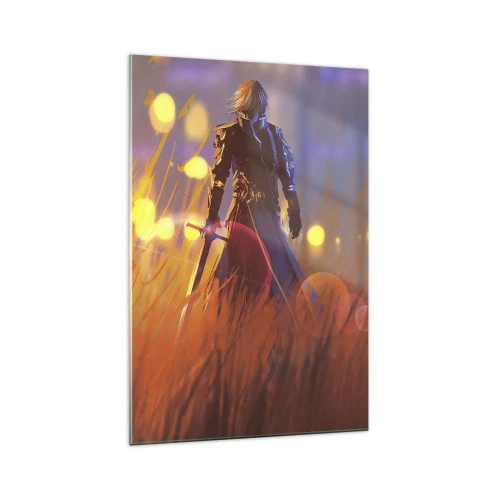Impression sur verre - Image sur verre - La figure d'un chevalier à la lumière du soleil couchant dans un champ - 70x100cm - Chevalier errant - Décoration murale moderne pour le salon et la chambre ARTTOR