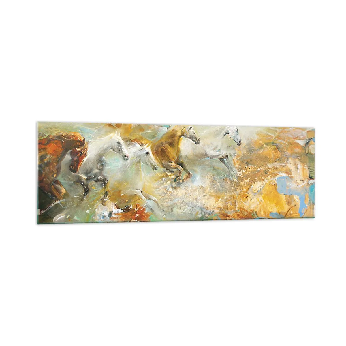 Impression sur verre - Image sur verre - Des chevaux artistiques dans un cadre dynamique et coloré - 160x50cm - Au galop vers la lumière - Décoration murale moderne pour le salon et la chambre ARTTOR