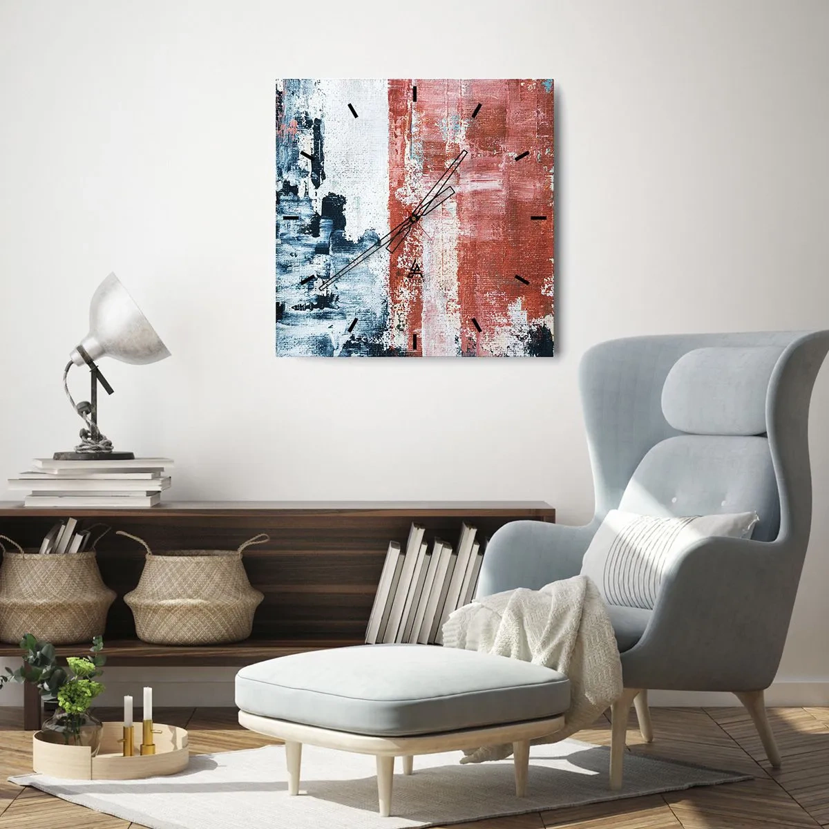 Horloge murale - Pendule murale - Abstraction aux couleurs blanc, bleu et brique - 30x30cm - Moitié-moitié abstrait - Décoration murale moderne pour le salon et la chambre ARTTOR