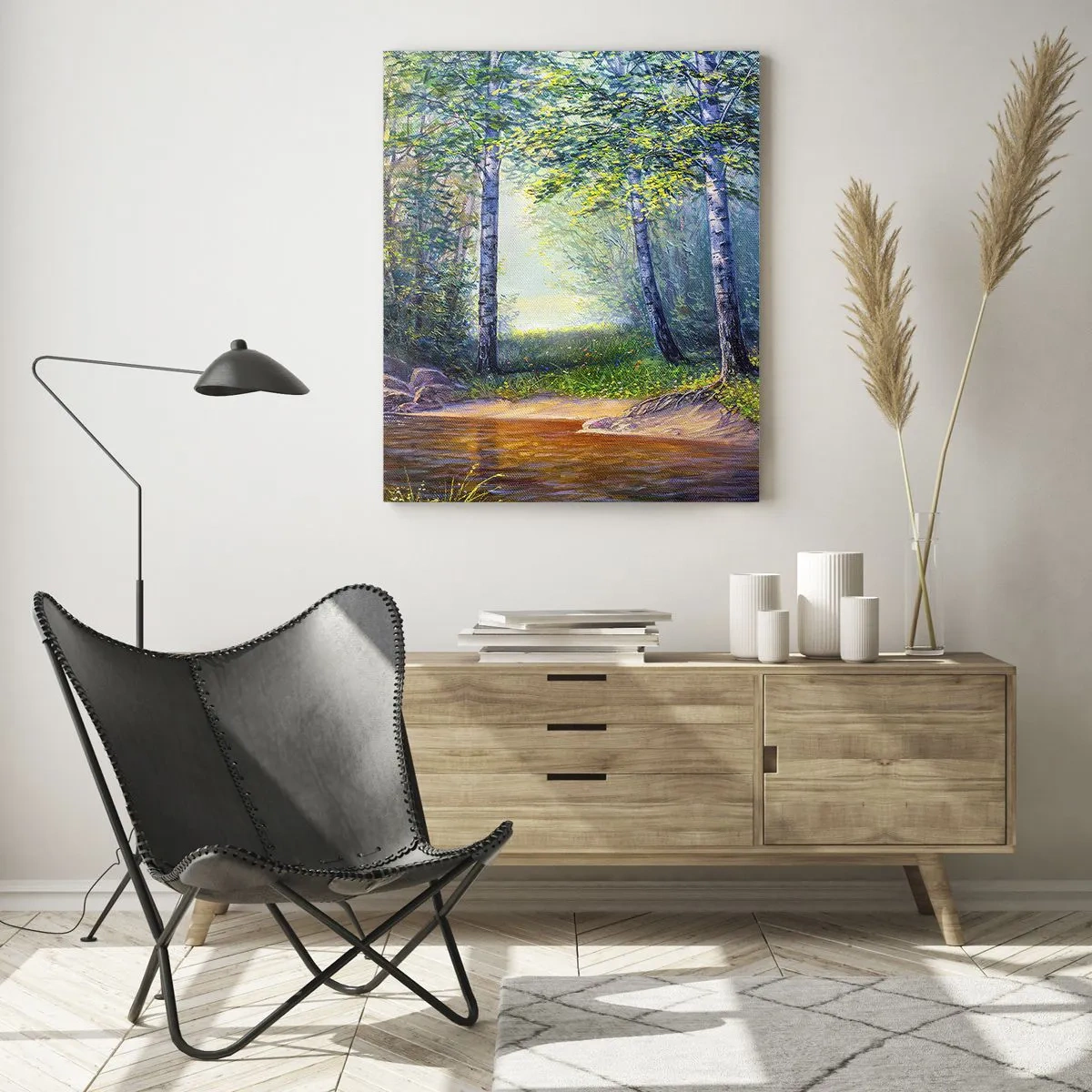 Impression sur verre - Image sur verre - Un ruisseau forestier entouré d'arbres sous les rayons du soleil - 50x70cm - Paysage idyllique - Décoration murale moderne pour le salon et la chambre ARTTOR
