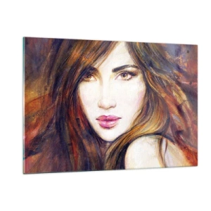 Impression sur verre - Image sur verre - Portrait d'une femme aux couleurs chaudes et artistiques - 120x80cm - Un sou pour vos pensées - Décoration murale moderne pour le salon et la chambre ARTTOR