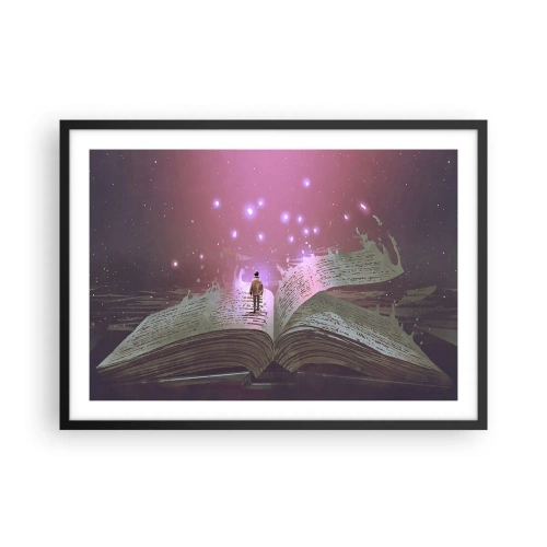 Affiche dans un cadre noir - Poster - Une silhouette marche sur un livre ouvert dans une lumière magique. - 70x50cm - Invitation à un autre monde - lisez ! - Décoration murale moderne pour le salon et la chambre ARTTOR