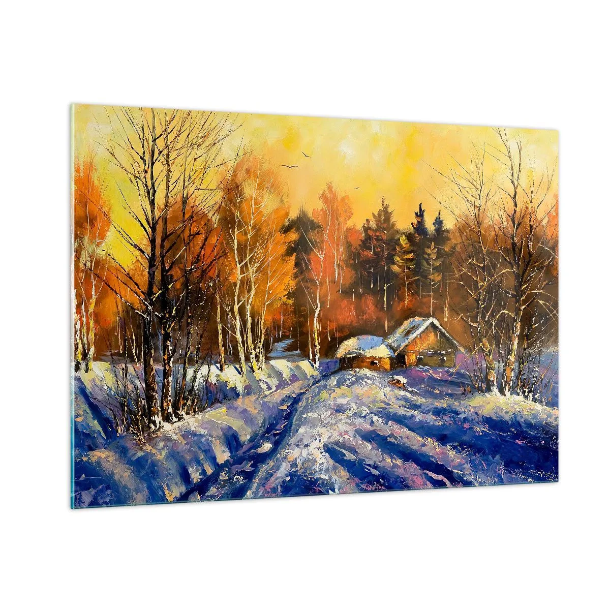 Impression sur verre - Image sur verre - Paysage d'hiver avec un chalet en bois au coucher du soleil - 100x70cm - Impression d'hiver au soleil - Décoration murale moderne pour le salon et la chambre ARTTOR