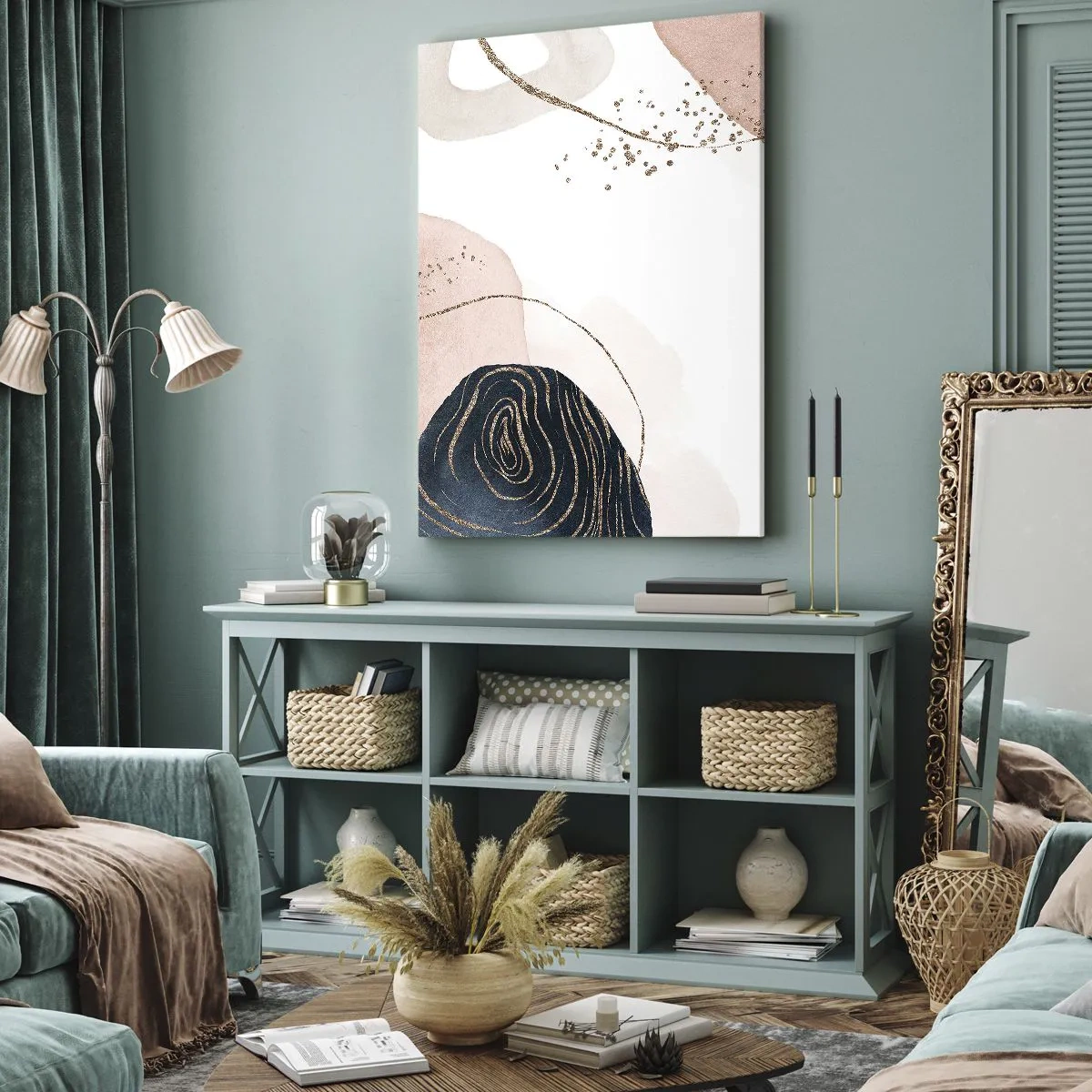 Impression sur toile - Image sur toile - Formes abstraites dans des tons beige et bleu marine avec des détails dorés - 70x100cm - Tout coule - Décoration murale moderne pour le salon et la chambre ARTTOR