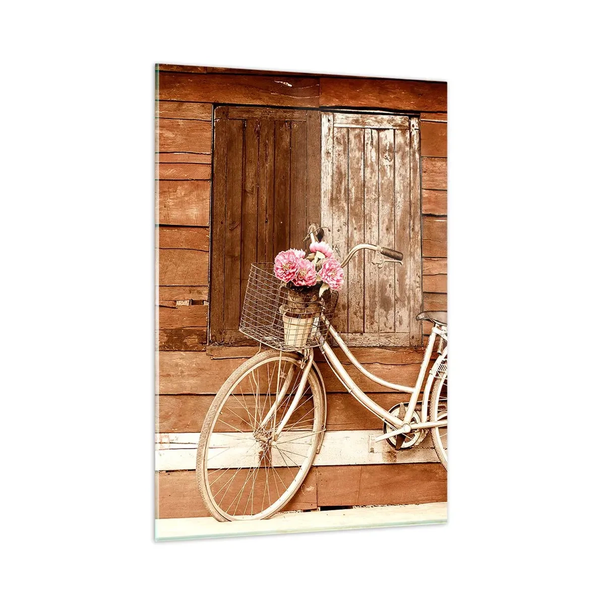 Impression sur verre - Image sur verre - Un vélo avec un panier rempli de roses contre un mur en bois - 80x120cm - Je reviens tout de suite - Décoration murale moderne pour le salon et la chambre ARTTOR