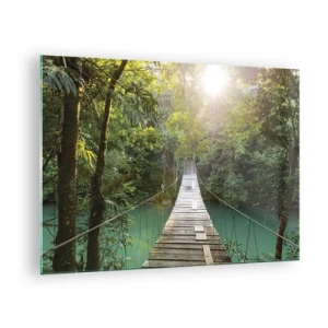 Impression sur verre - Image sur verre - Un pont suspendu dans une forêt tropicale illuminée par la lumière du soleil. - 70x50cm - De l'eau azur à la forêt azur - Décoration murale moderne pour le salon et la chambre ARTTOR