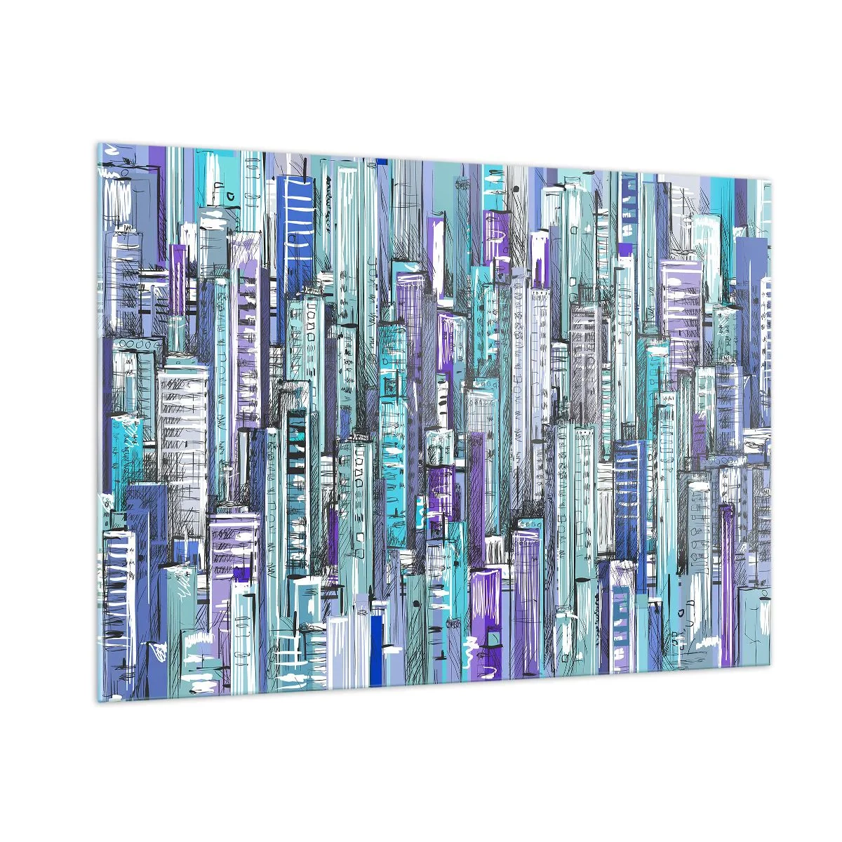 Impression sur verre - Image sur verre - Illustration d'une ville pleine de gratte-ciels aux teintes froides - 100x70cm - Bleuâtre avec le ciel - Décoration murale moderne pour le salon et la chambre ARTTOR