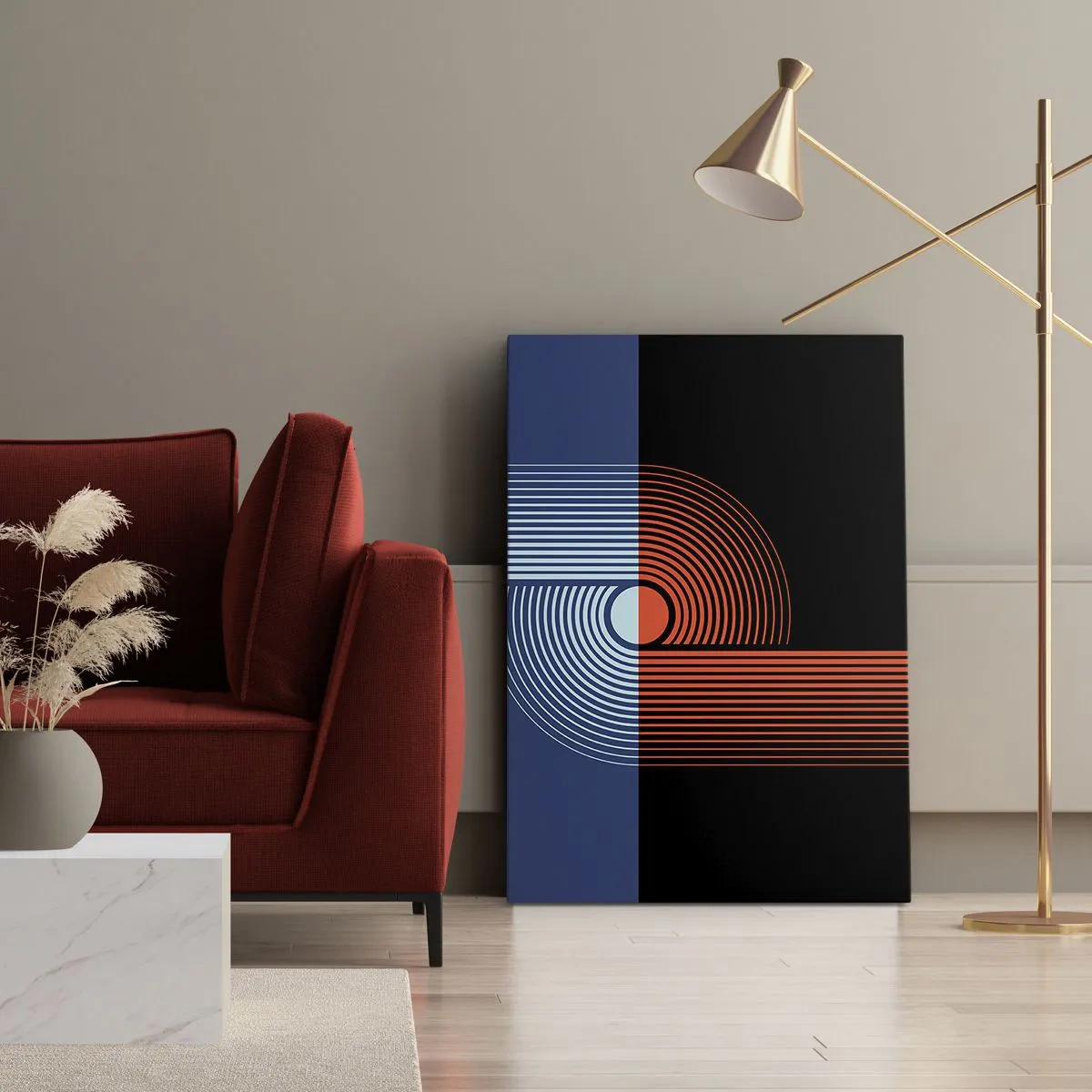 Impression sur toile - Image sur toile - Abstraction géométrique avec des lignes bleu marine et orange. - 50x70cm - Dans une étreinte géométrique - Décoration murale moderne pour le salon et la chambre ARTTOR