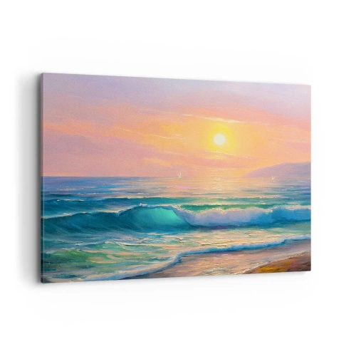 Impression sur toile - Image sur toile - Paysage marin avec coucher de soleil - 120x80cm - Le chant turquoise des vagues - Décoration murale moderne pour le salon et la chambre ARTTOR
