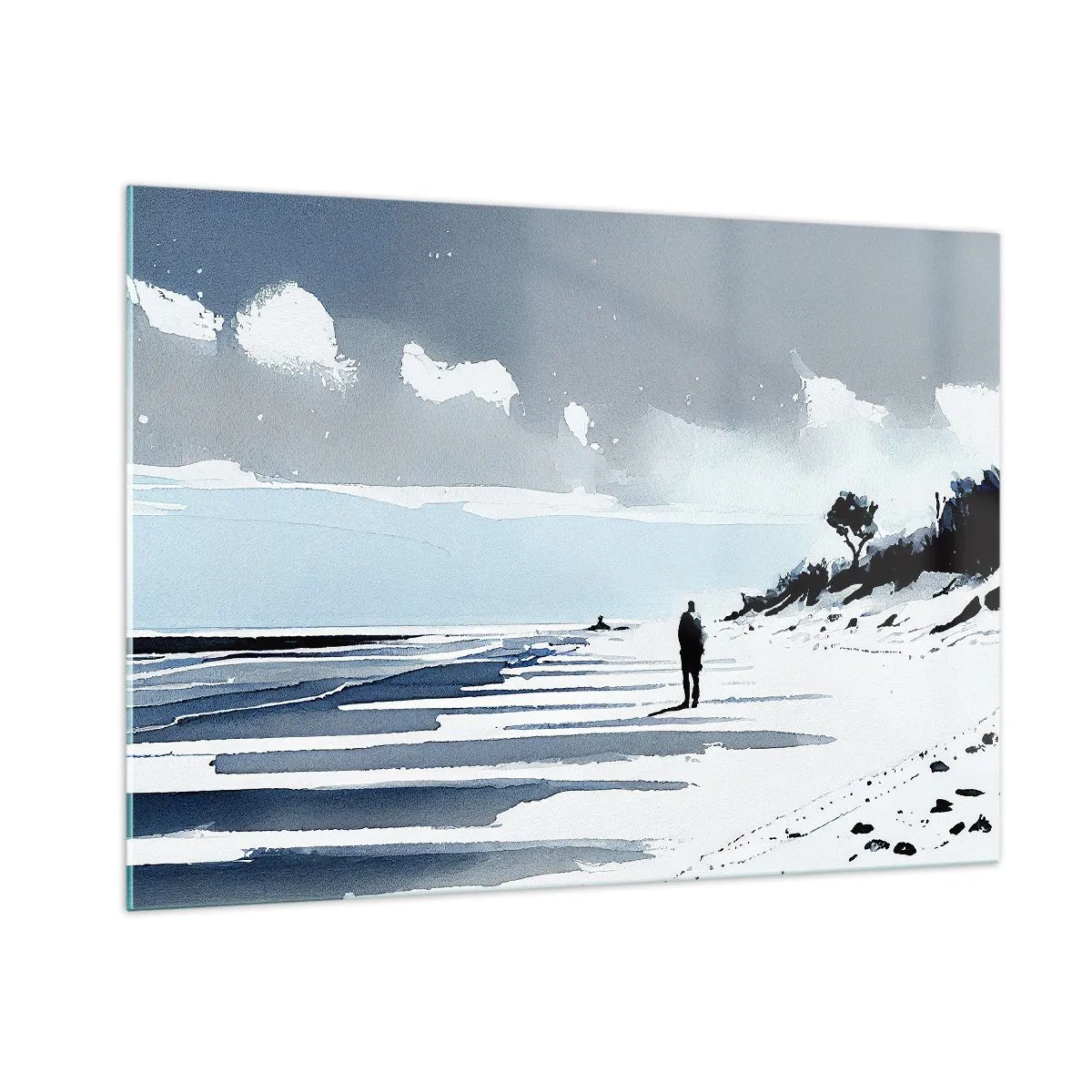 Impression sur verre - Image sur verre - Silhouette d'une personne solitaire marchant sur une plage déserte - 100x70cm - Seul à seul - Décoration murale moderne pour le salon et la chambre ARTTOR