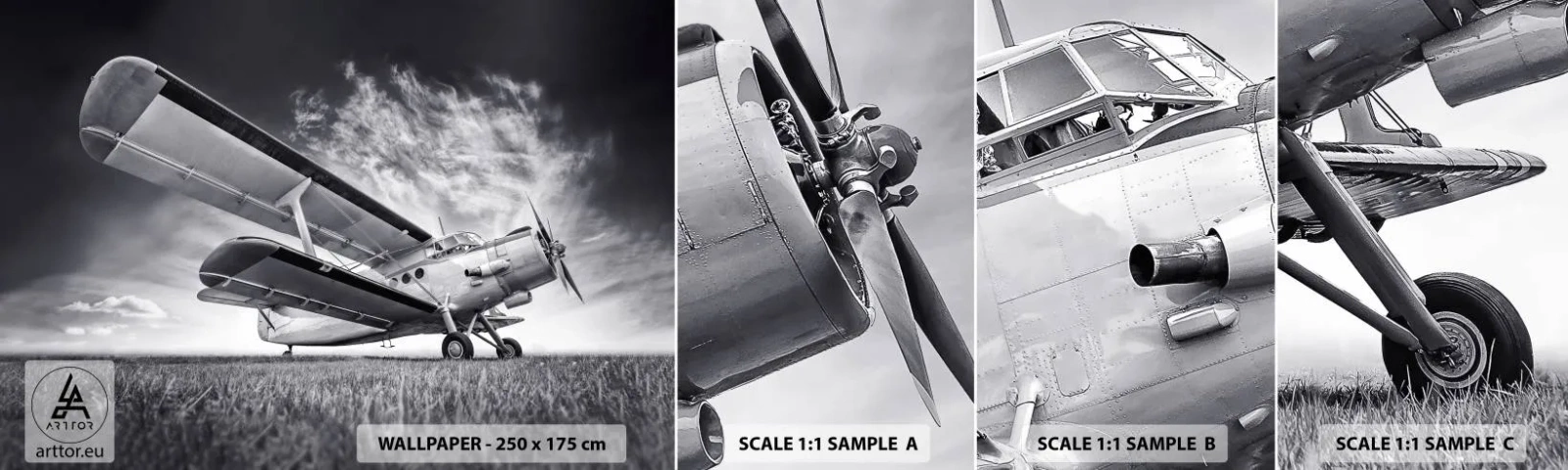 Échantillon de Papier Peint Autocollant Deluxe Sticker - Le pèlerin ailé - Avion, Avion, Noir et blanc - 100x30 cm