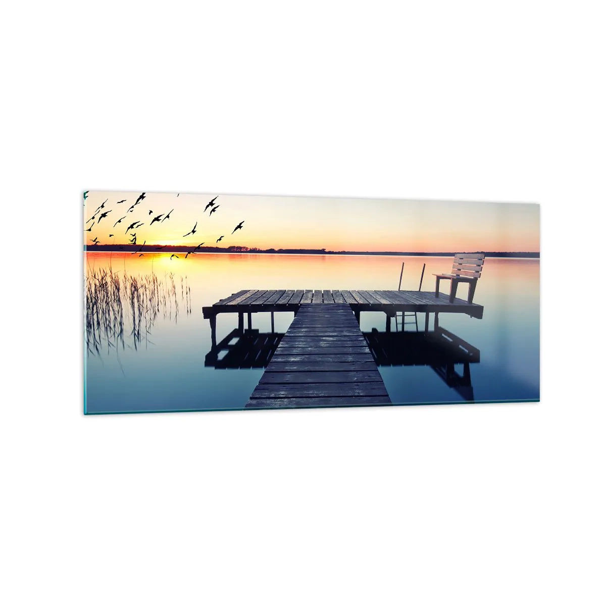 Impression sur verre - Image sur verre - Jetée en bois sur un lac au lever du soleil avec des oiseaux - 120x50cm - C'était une bonne journée - Décoration murale moderne pour le salon et la chambre ARTTOR