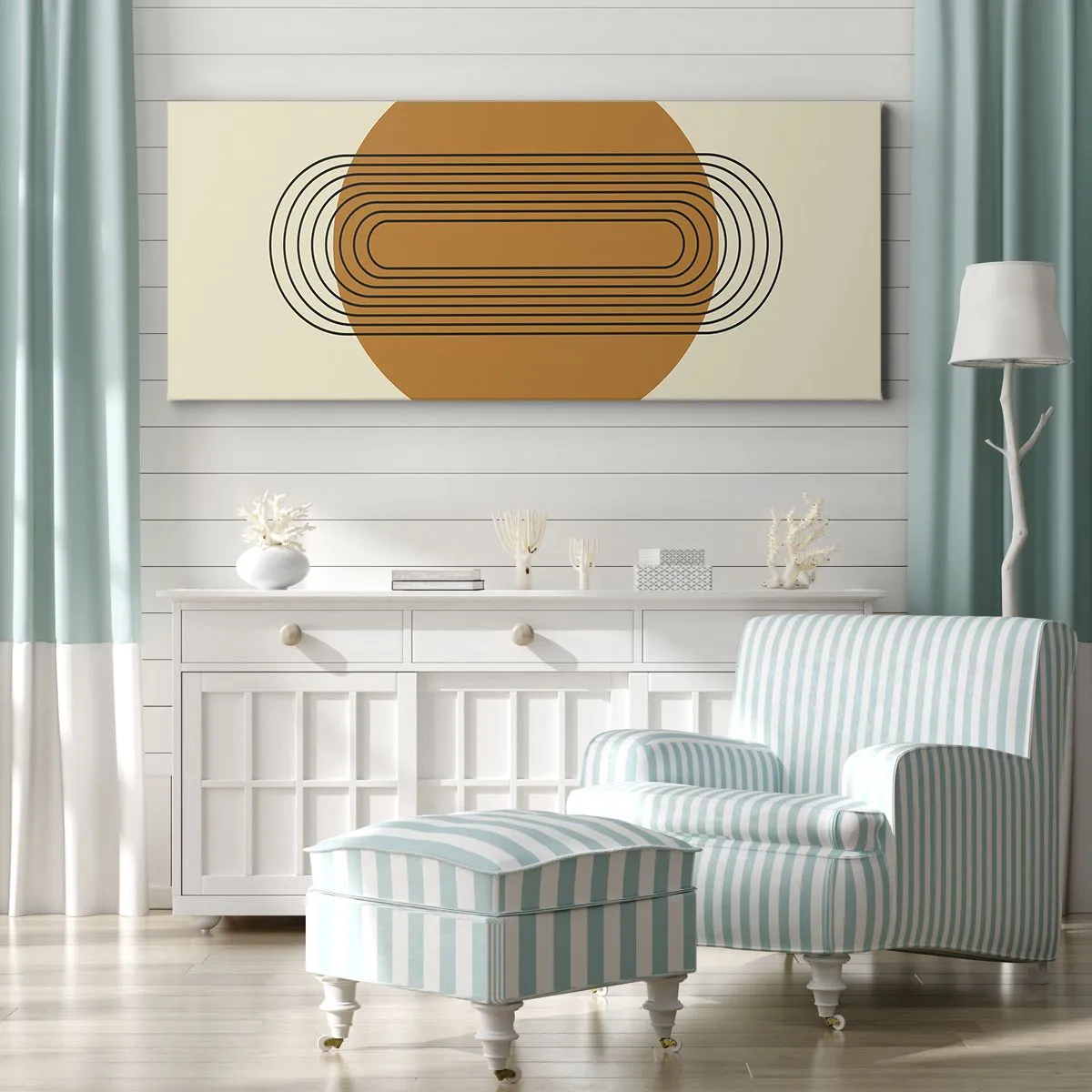 Impression sur toile - Image sur toile - Motif géométrique avec des cercles et des lignes orange - 120x50cm - Plan idéal - Décoration murale moderne pour le salon et la chambre ARTTOR