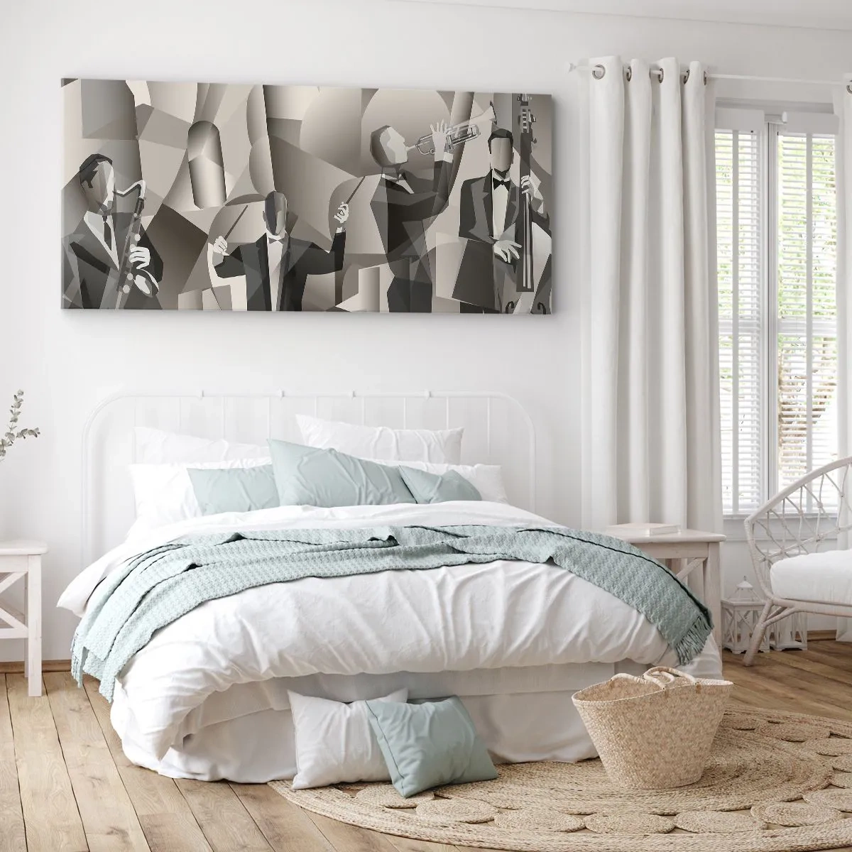 Impression sur toile - Image sur toile - Scène abstraite avec des musiciens de jazz dans des tons de gris. - 160x50cm - Dans l'espace des sons - Décoration murale moderne pour le salon et la chambre ARTTOR