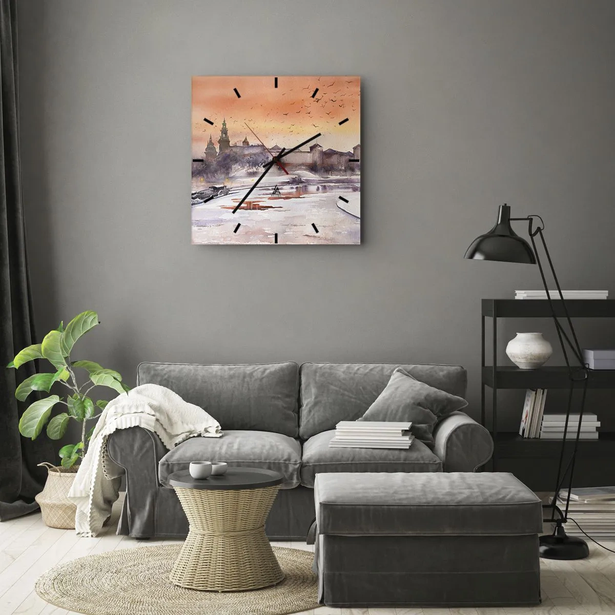 Horloge murale - Pendule murale - Coucher de soleil sur le château dans un paysage hivernal - 30x30cm - Coucher de soleil royal - Décoration murale moderne pour le salon et la chambre ARTTOR