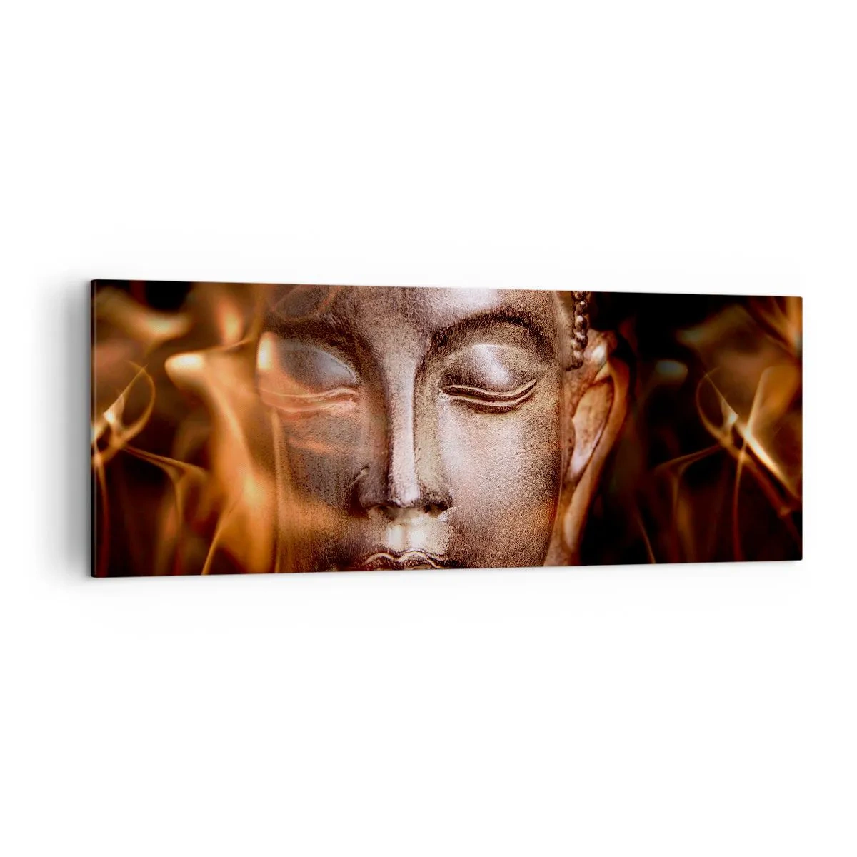 Impression sur toile - Image sur toile - Une statue de Bouddha au milieu de flammes aux teintes dorées - 140x50cm - Il n'existe qu'ici et maintenant - Décoration murale moderne pour le salon et la chambre ARTTOR
