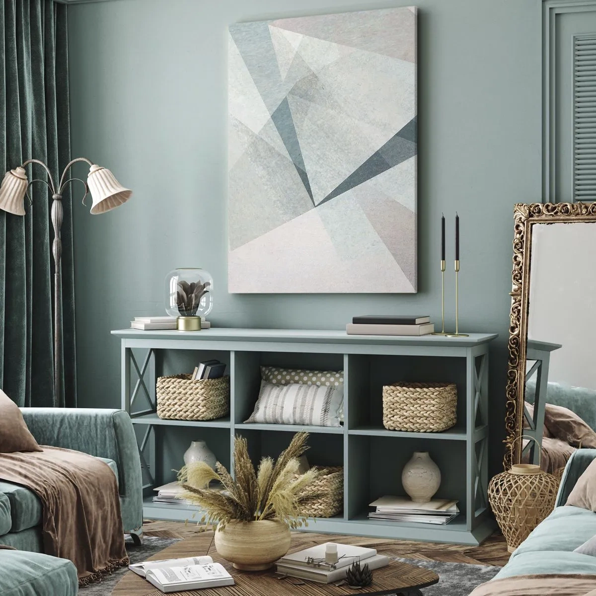 Impression sur toile - Image sur toile - Formes géométriques dans des tons pastel de bleu et de gris - 50x70cm - Calme bien que dynamique - Décoration murale moderne pour le salon et la chambre ARTTOR