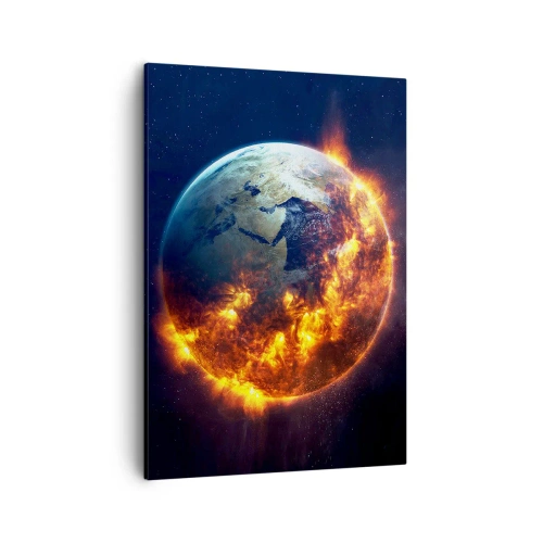 Impression sur toile - Image sur toile - La planète Terre en feu dans l'espace - 50x70cm - La flamme de l'apocalypse - Décoration murale moderne pour le salon et la chambre ARTTOR