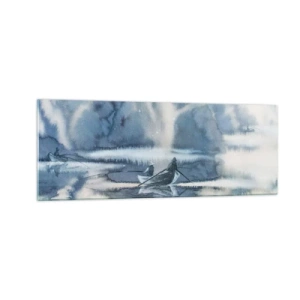 Impression sur verre - Image sur verre - Paysage à l'aquarelle avec des bateaux sur un lac entouré d'une forêt brumeuse - 140x50cm - Les pêcheurs dans leur paradis - Décoration murale moderne pour le salon et la chambre ARTTOR