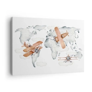 Impression sur toile - Image sur toile - Illustration d'une carte du monde avec des avions - 70x50cm - Dans un esprit pionnier - Décoration murale moderne pour le salon et la chambre ARTTOR