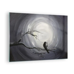 Impression sur verre - Image sur verre - Un corbeau assis sur une branche sur fond de pleine lune - 70x50cm - La clé du mystère de la nuit - Décoration murale moderne pour le salon et la chambre ARTTOR