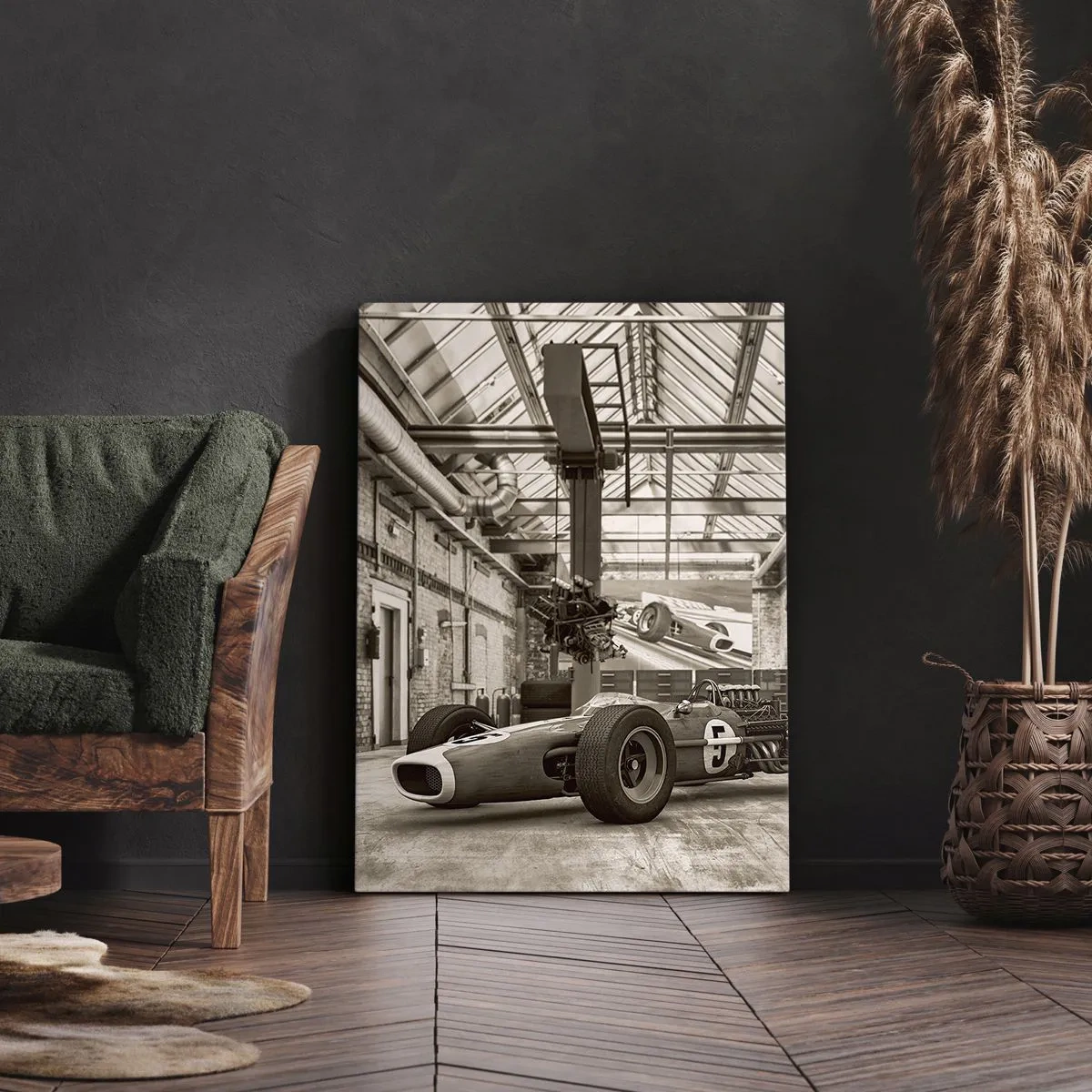 Impression sur toile - Image sur toile - Voiture de course noire et blanche dans un intérieur industriel - 70x100cm - Le repos du guerrier - Décoration murale moderne pour le salon et la chambre ARTTOR