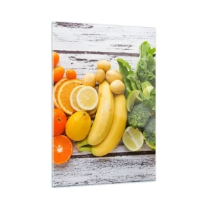 Impression sur verre - Image sur verre - Fruits et légumes colorés disposés sur une table en bois - 50x70cm - Ce n'est pas suffisant? - Décoration murale moderne pour le salon et la chambre ARTTOR