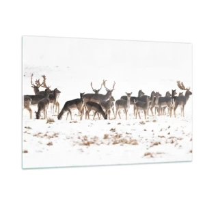 Impression sur verre - Image sur verre - Une photographie d'un troupeau de cerfs dans un paysage enneigé - 120x80cm - Les fêtes approchent ? - Décoration murale moderne pour le salon et la chambre ARTTOR