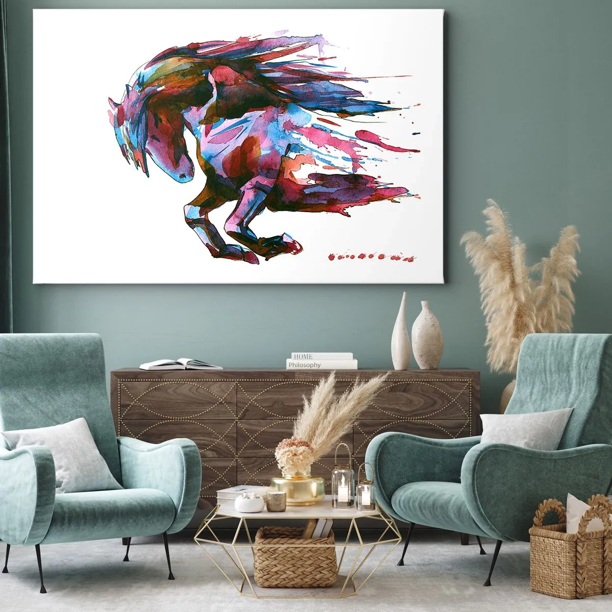 Impression sur toile - Image sur toile - Un cheval aux couleurs abstraites dynamiques symbolisant la liberté - 100x70cm - Dans le ravissement - Décoration murale moderne pour le salon et la chambre ARTTOR
