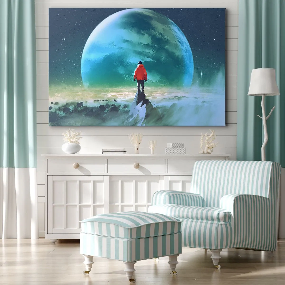Impression sur toile - Image sur toile - Un homme portant une veste rouge debout devant une grande planète avec des étoiles en arrière-plan. - 100x70cm - Explorateur de la nouvelle terre - Décoration murale moderne pour le salon et la chambre ARTTOR