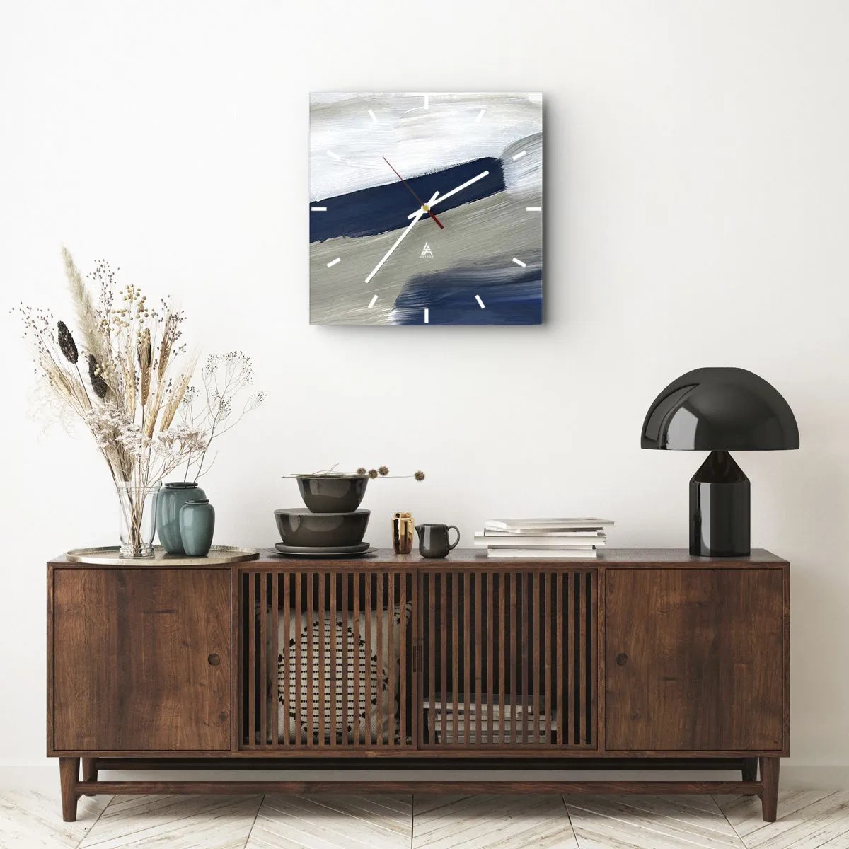 Horloge murale - Pendule murale - Coups de pinceau abstraits dans des tons de bleu et de gris - 30x30cm - Rencontre avec la blancheur - Décoration murale moderne pour le salon et la chambre ARTTOR