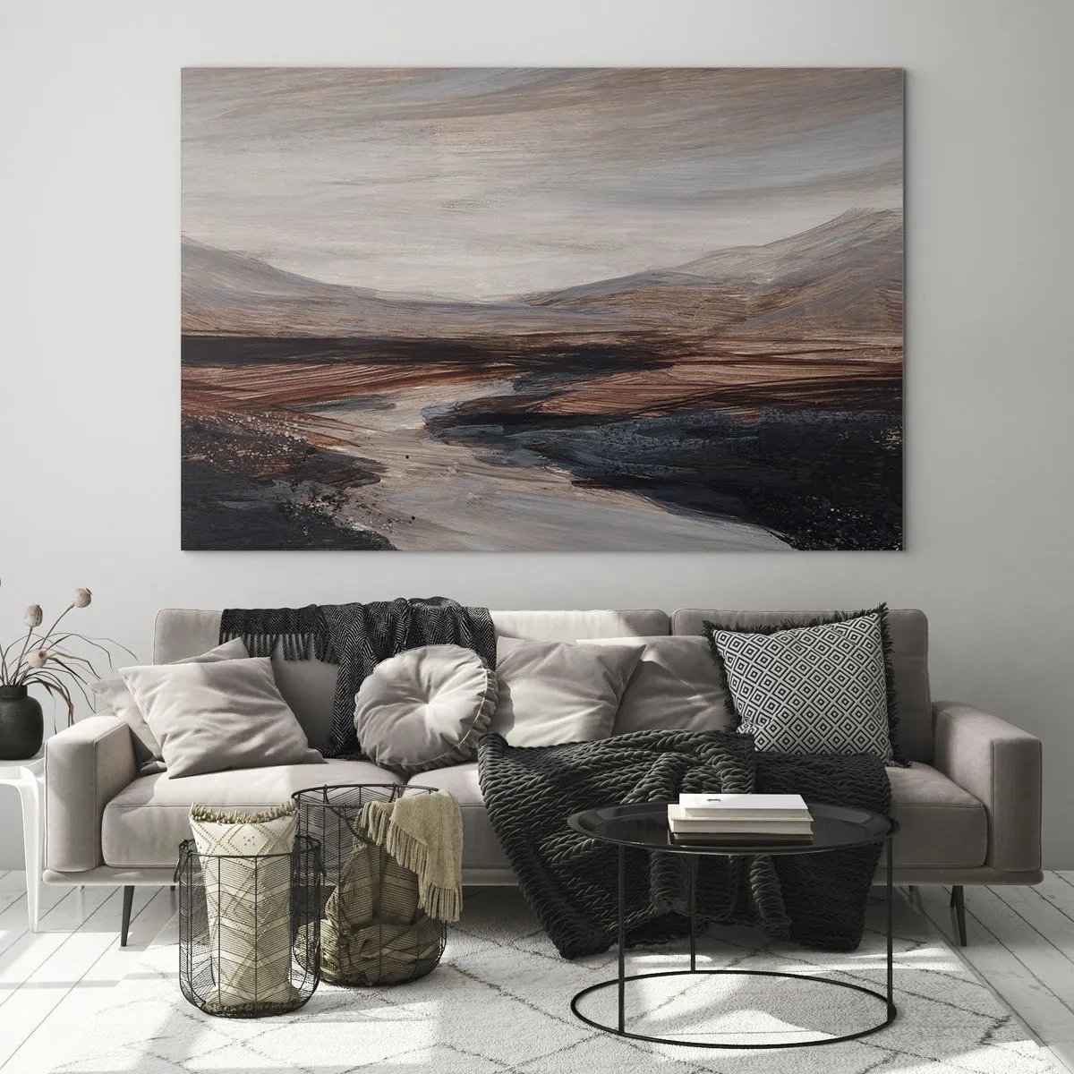 Impression sur verre - Image sur verre - Une vallée pittoresque avec une rivière aux tons bruns et bleus - 120x80cm - Une vallée tranquille - Décoration murale moderne pour le salon et la chambre ARTTOR