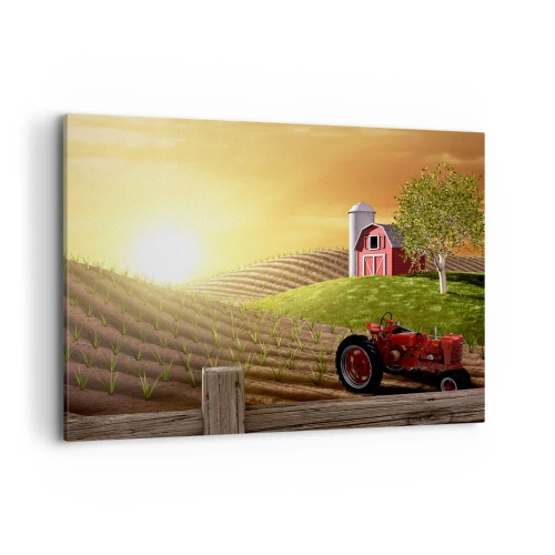 Impression sur toile - Image sur toile - Paysage rural avec une grange rouge, un tracteur et un lever de soleil - 100x70cm - Une ferme comme dans un conte de fées - Décoration murale moderne pour le salon et la chambre ARTTOR
