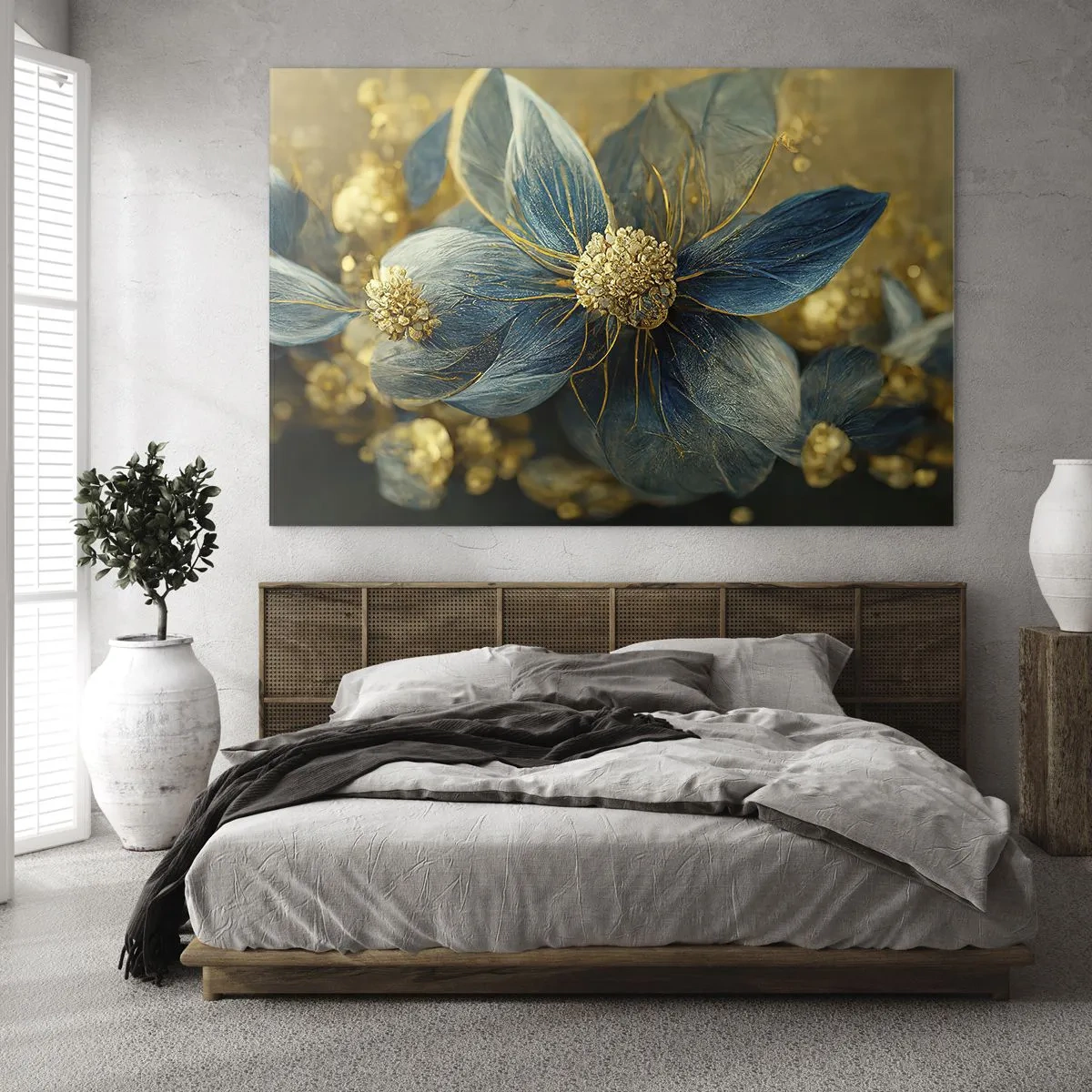 Impression sur verre - Image sur verre - Fleurs bleues et dorées avec une sensation luxueuse - 70x50cm - Fleurir avec de l'or - Décoration murale moderne pour le salon et la chambre ARTTOR