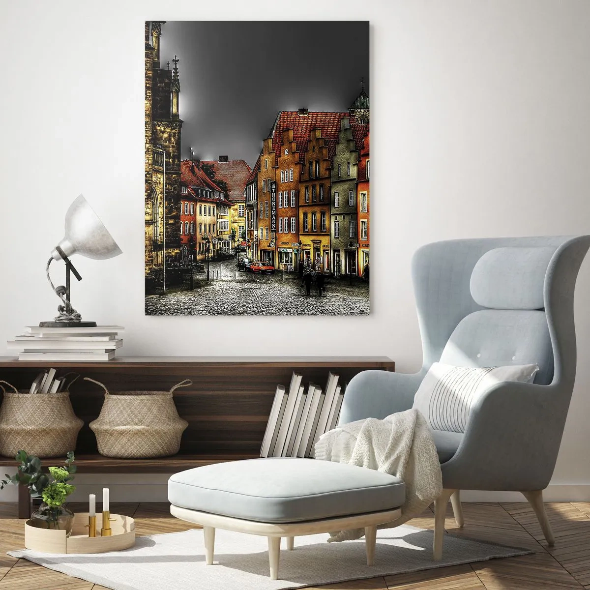 Impression sur verre - Image sur verre - Des immeubles colorés sur fond de ciel nuageux - 50x70cm - La seule chose qui manque est un carrosse enchantée - Décoration murale moderne pour le salon et la chambre ARTTOR