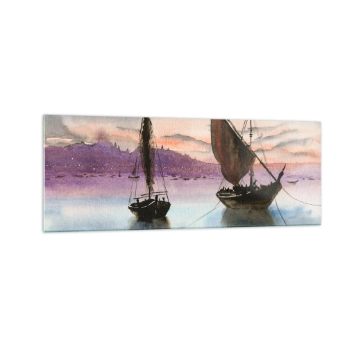 Impression sur verre - Image sur verre - Deux voiliers amarrés sur une eau calme au crépuscule - 140x50cm - Soirée au port - Décoration murale moderne pour le salon et la chambre ARTTOR