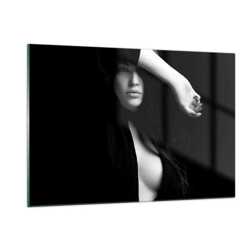 Impression sur verre - Image sur verre - Une femme en noir dans une pose sensuelle sur un fond sombre - 120x80cm - École de séduction - Décoration murale moderne pour le salon et la chambre ARTTOR