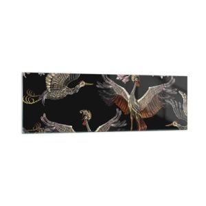 Impression sur verre - Image sur verre - Grues et fleurs élégantes sur fond noir - 160x50cm - Un oiseau de conte de fées - Décoration murale moderne pour le salon et la chambre ARTTOR