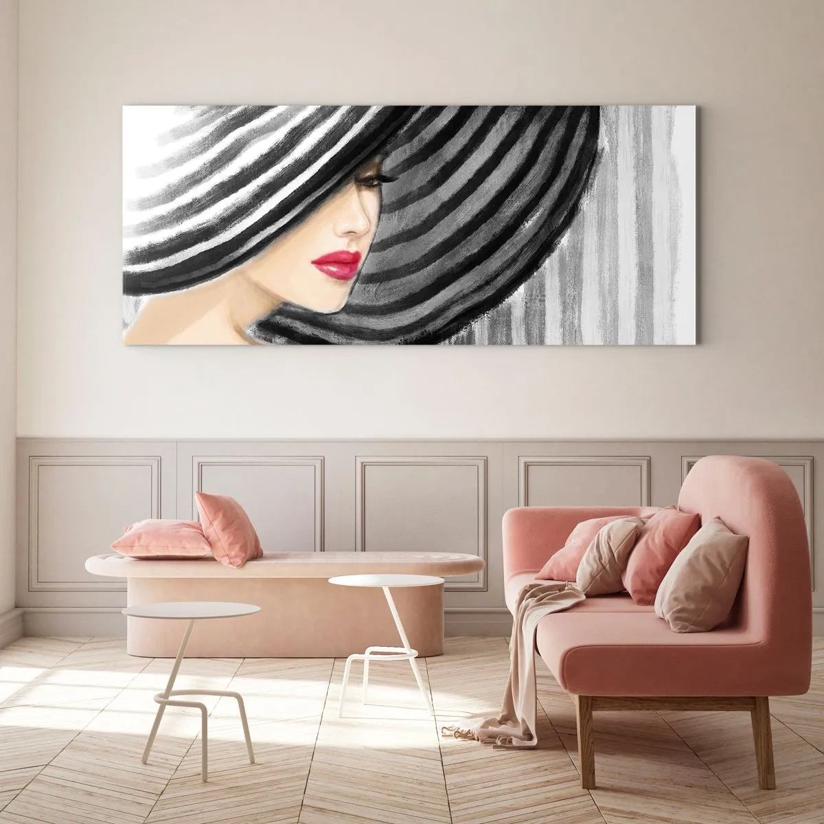 Impression sur verre - Image sur verre - Femme portant un chapeau noir et blanc avec une touche rouge - 160x50cm - Où te chercher ? - Décoration murale moderne pour le salon et la chambre ARTTOR