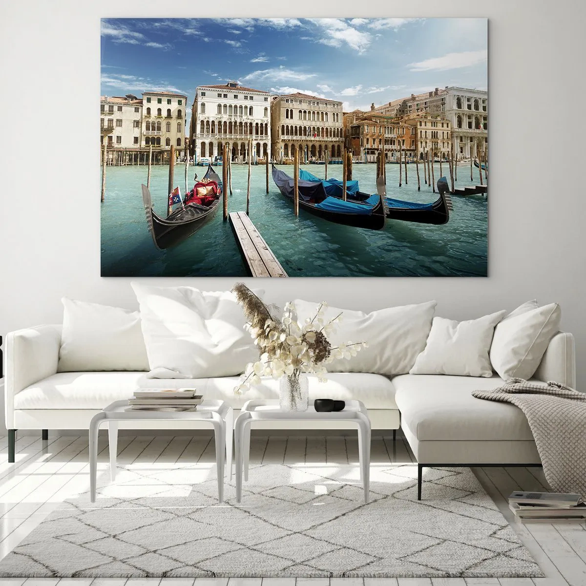 Impression sur verre - Image sur verre - Gondoles sur un canal à Venise par une journée ensoleillée - 120x80cm - Palace bleu ciel - Décoration murale moderne pour le salon et la chambre ARTTOR