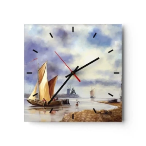 Horloge murale - Pendule murale - Voiliers sur une eau calme avec des moulins à vent en arrière-plan - 30x30cm - Retour de marin - Décoration murale moderne pour le salon et la chambre ARTTOR