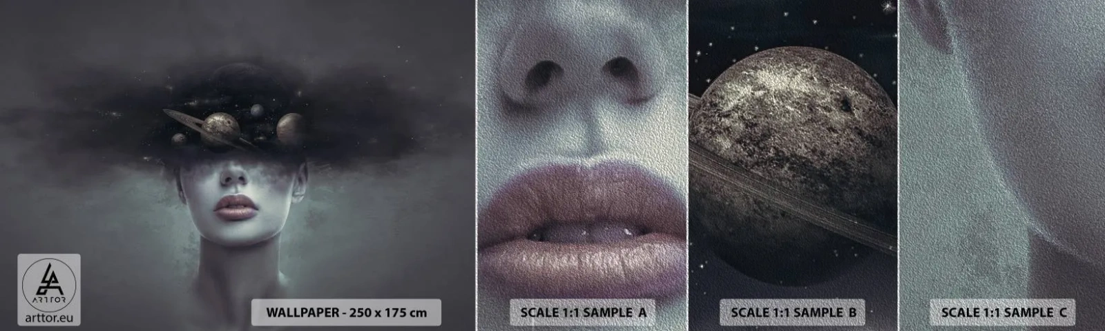 Échantillon de Papier Peint Premium Sand - Et les planètes deviennent folles... - Abstraction, Visage de femme, Cosmos - 100x30 cm