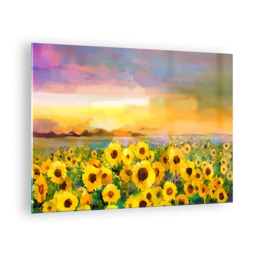 Impression sur verre - Image sur verre - Un champ de tournesols à la lumière du soleil couchant - 70x50cm - Le soleil lui-même est descendu sur terre - Décoration murale moderne pour le salon et la chambre ARTTOR
