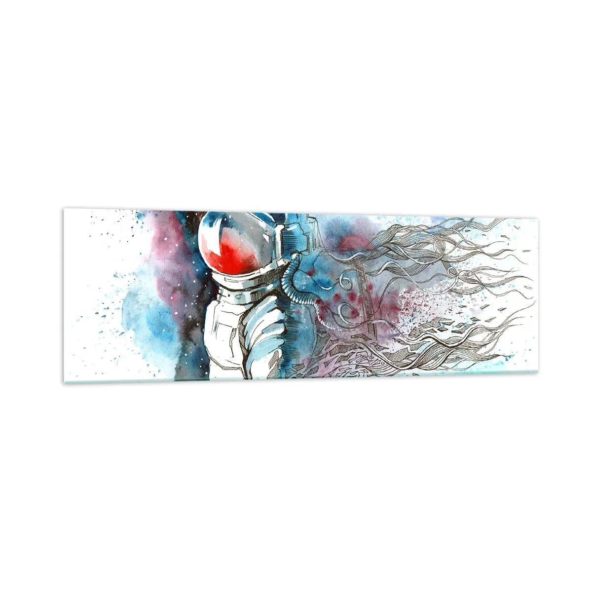 Impression sur verre - Image sur verre - Un cosmonaute dans une aquarelle dynamique avec des détails cosmiques - 160x50cm - Seul avec l'espace - Décoration murale moderne pour le salon et la chambre ARTTOR