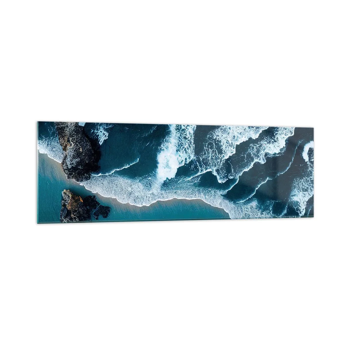 Impression sur verre - Image sur verre - Vue aérienne des vagues s'écrasant sur le rivage - 160x50cm - Enveloppé par les vagues - Décoration murale moderne pour le salon et la chambre ARTTOR