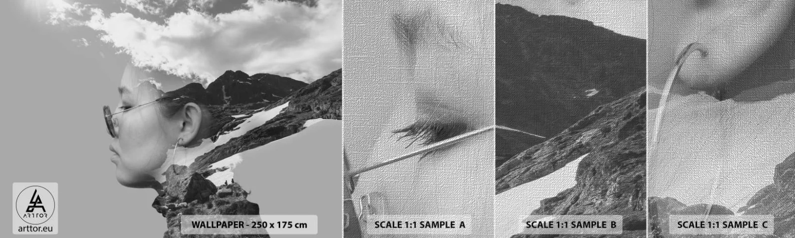 Échantillon de Papier Peint Premium Canvas - Portrait de montagnes et nuages - Abstraction, Tête de femme, Fantaisie - 100x30 cm