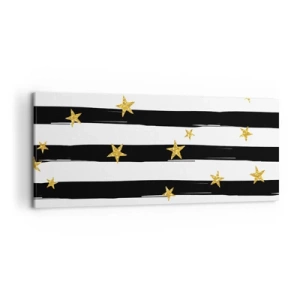 Impression sur toile - Image sur toile - Rayures noires et blanches avec étoiles dorées - 120x50cm - Nous sommes tous nés sous une bonne étoile - Décoration murale moderne pour le salon et la chambre ARTTOR